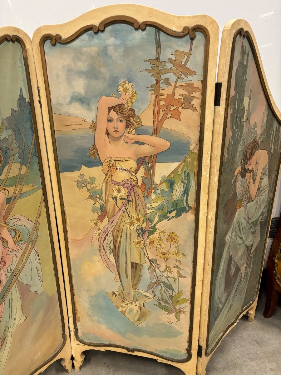 Painted Canvas Screen In The Taste Of Mucha Art Nouveau -photo-3