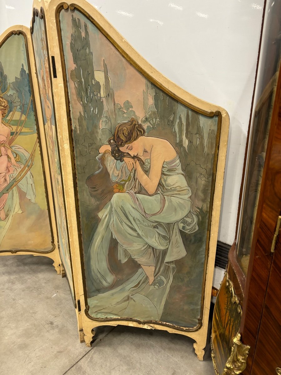 Painted Canvas Screen In The Taste Of Mucha Art Nouveau -photo-4