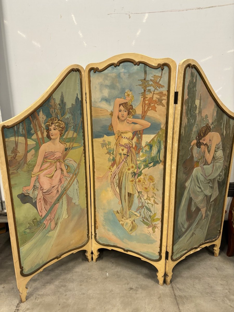 Painted Canvas Screen In The Taste Of Mucha Art Nouveau 