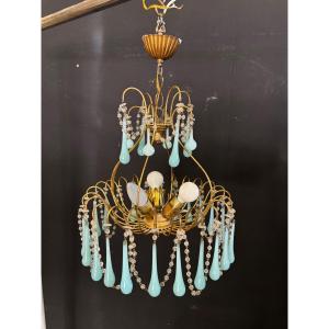 Chandelier In Gold Metal And Blue Tassels From The 70s