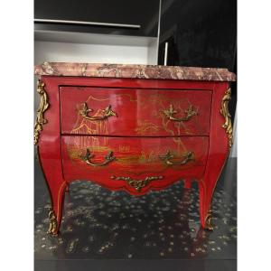 Red Lacquer Master's Chest Of Drawers With Japanese Decor 