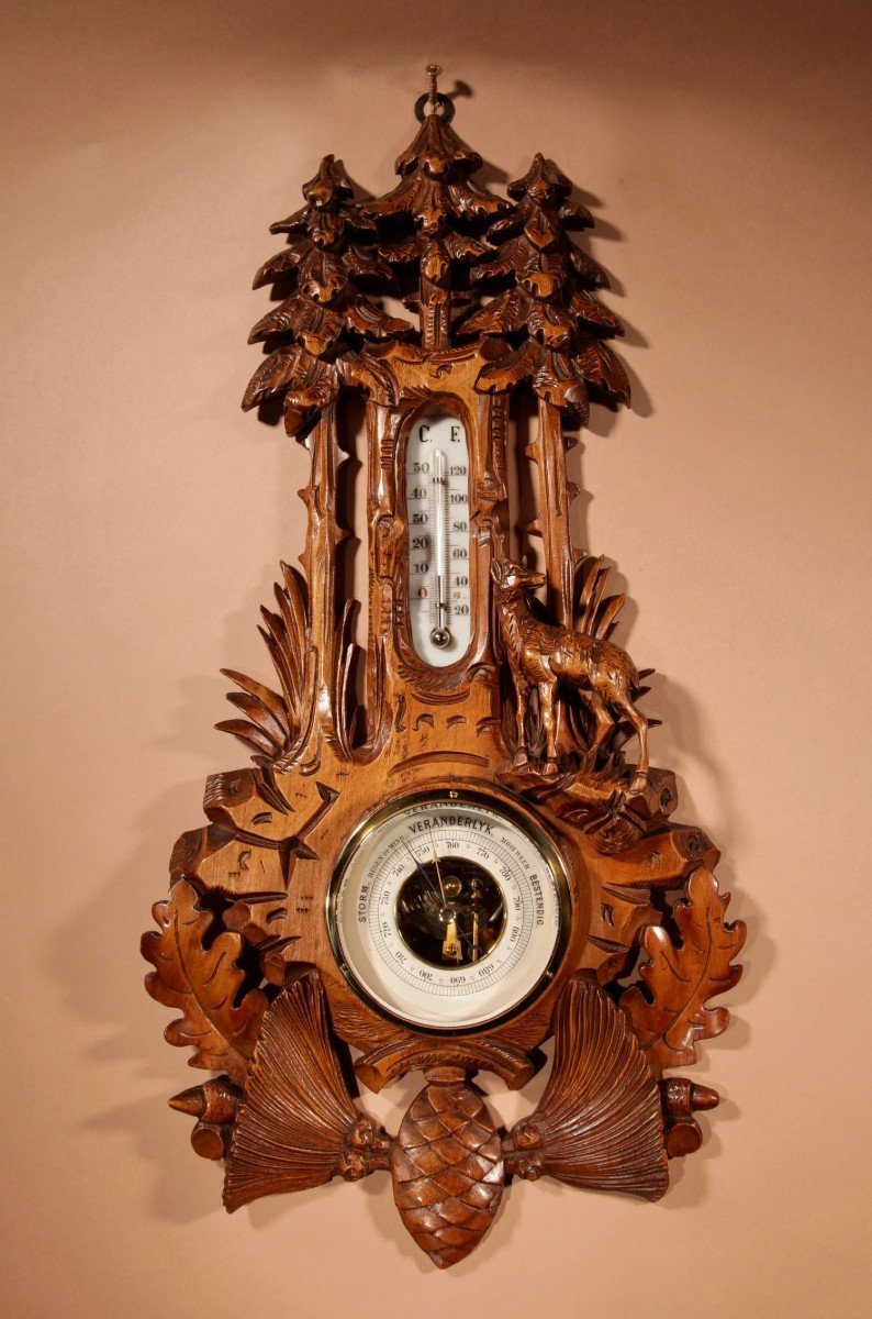 Black Forest Golden Walnut Very Fine Carved Aneroid Barometer Circa 1890.