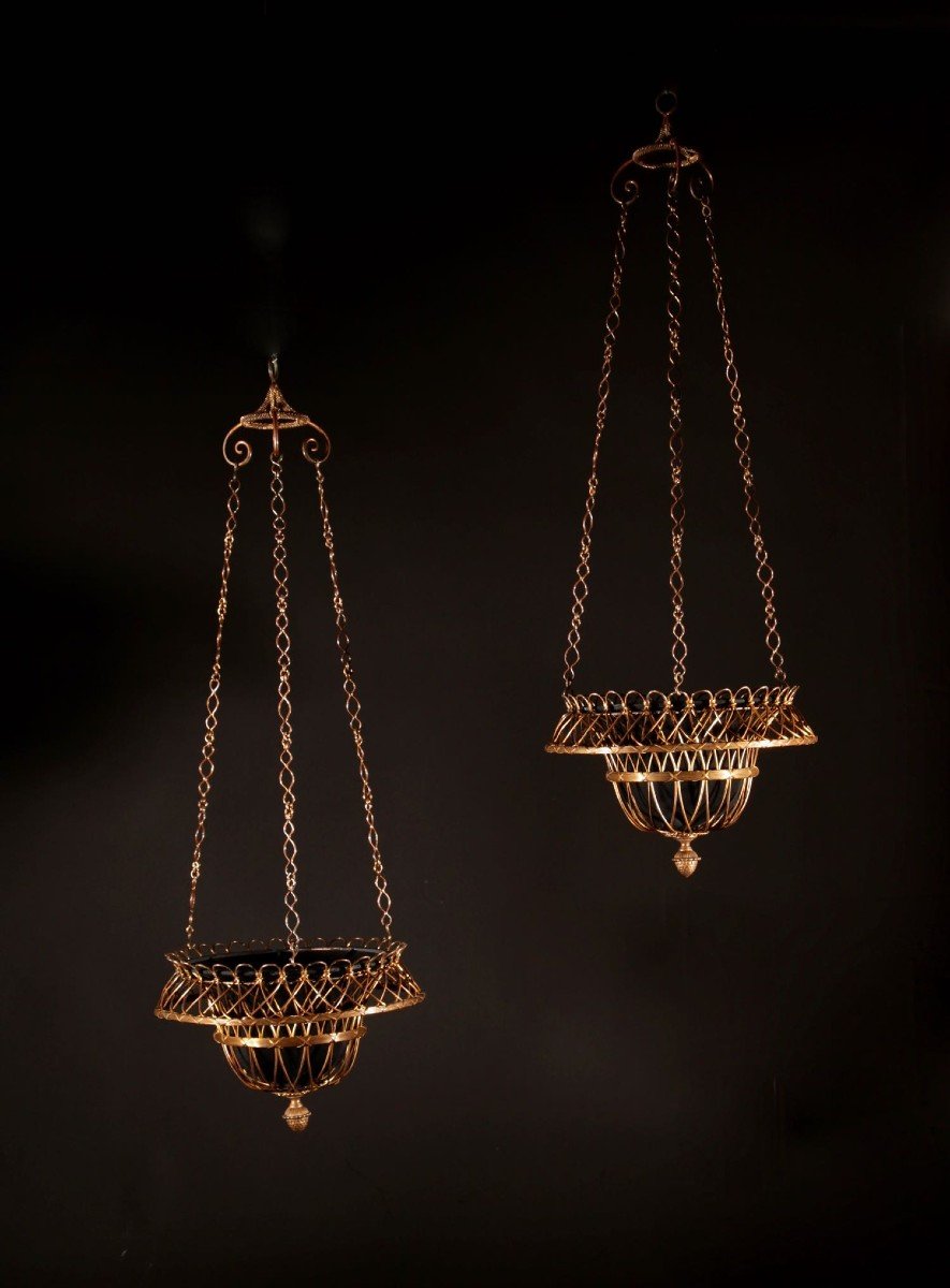 Signed Marius-ernest Sabino, Rare Pair Of Early Sabino Gilded Bronze Woven Hanging Lamps/jardin-photo-8