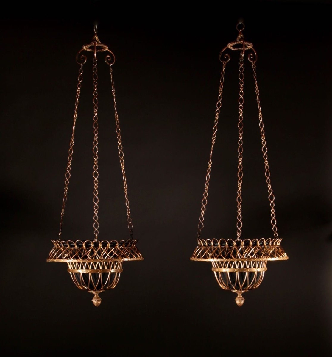 Signed Marius-ernest Sabino, Rare Pair Of Early Sabino Gilded Bronze Woven Hanging Lamps/jardin