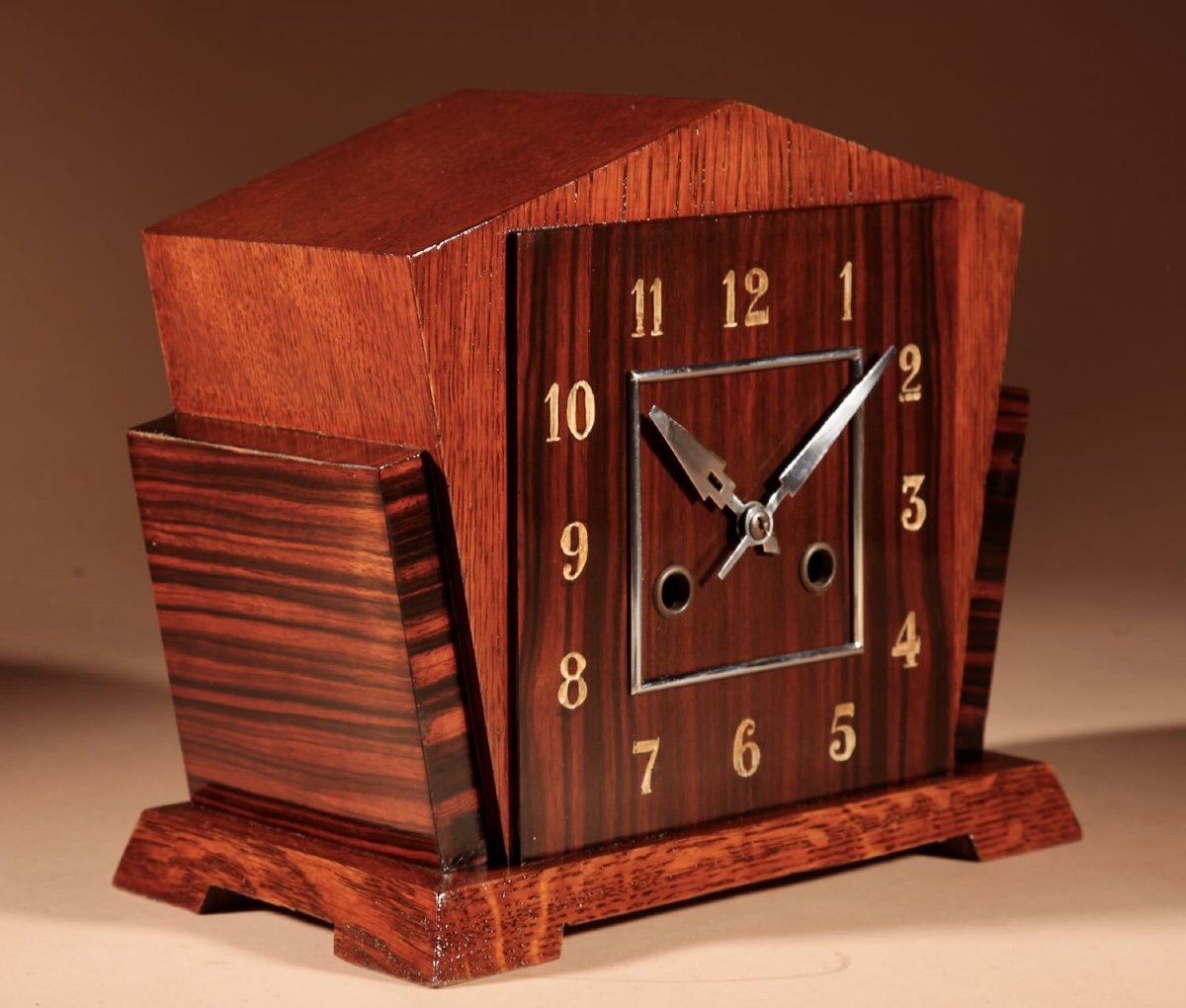 A Very Stylish Typical Art Deco Amsterdam School Oak And Macassar Ebony/coromandel Mantel Clock-photo-4