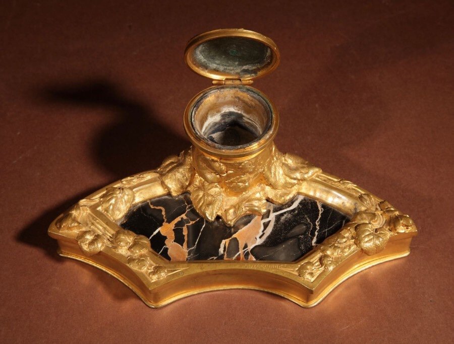 Albert Marionnet Gilded Bronze Art Nouveau And Marble Inkwell.-photo-2