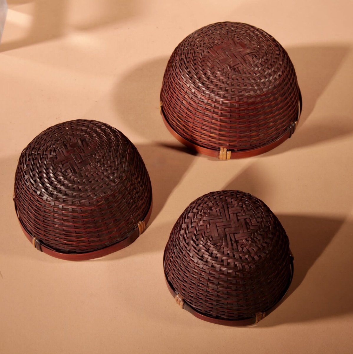 Oriental Woven Bamboo Collection Of Different Baskets. -photo-2