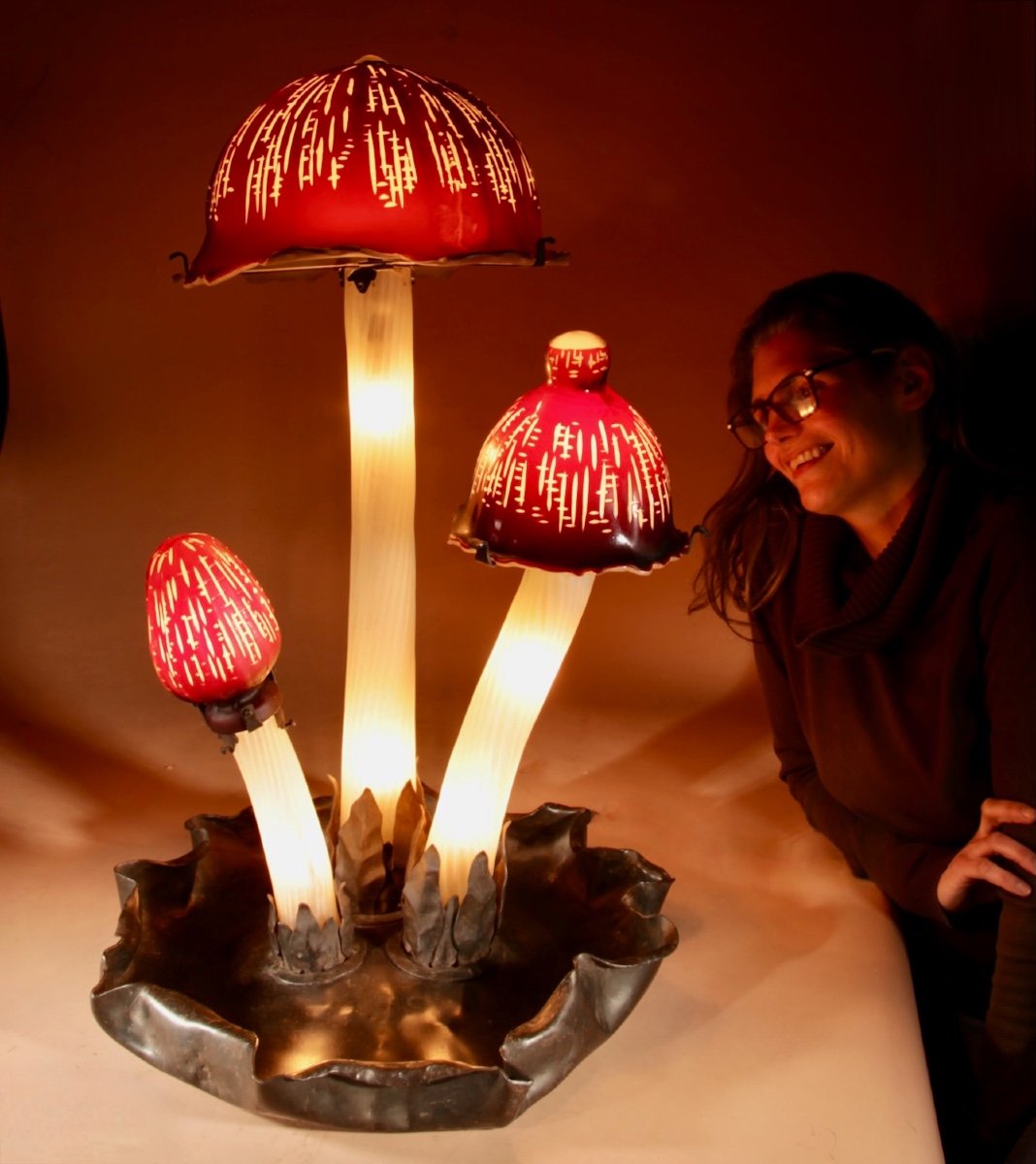 Bohémien? Impressionnante Grande Lampe Champignon En Verre Vers 1960-80