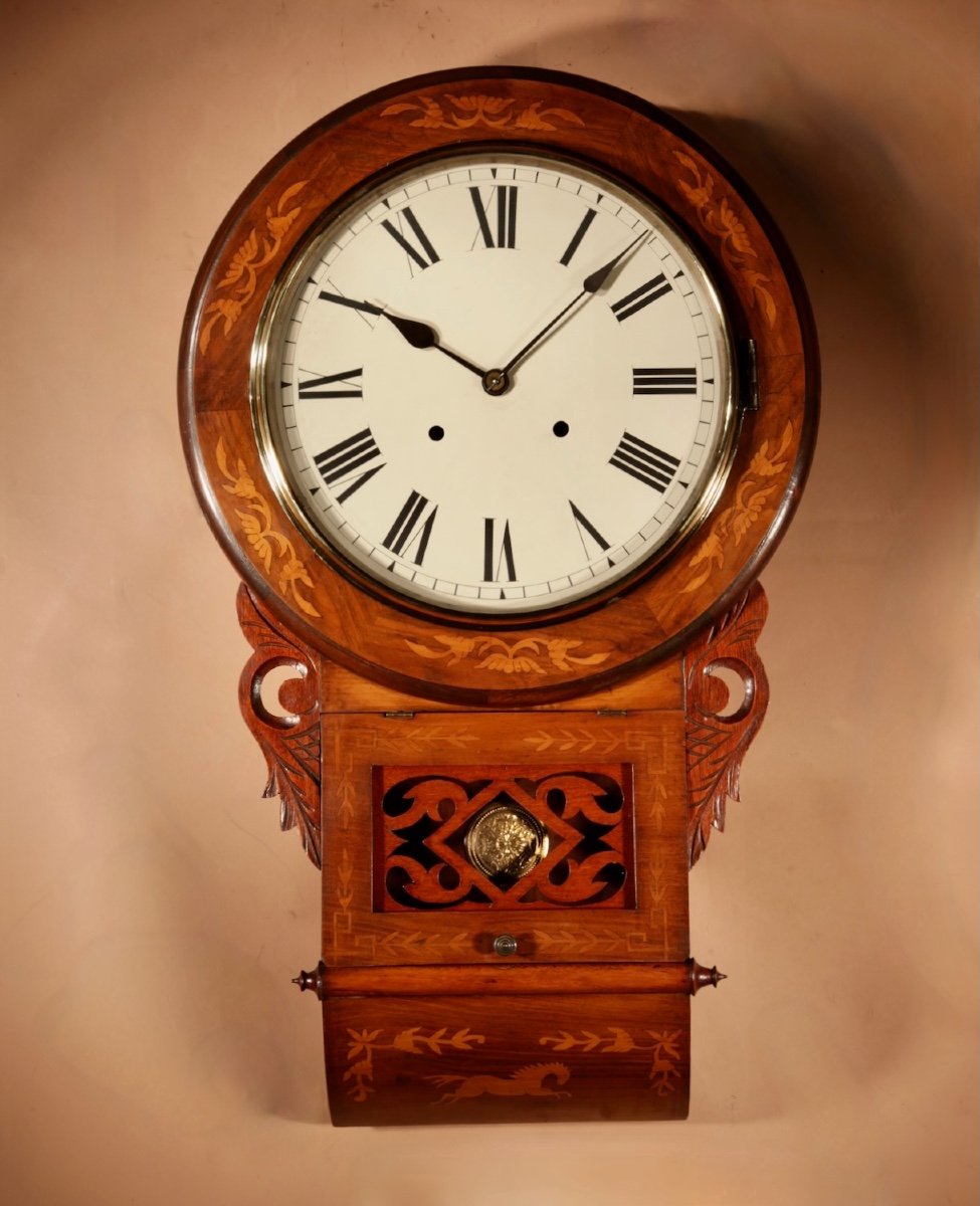  Equestrian Interest  American/german Walnut Drop Dial Wall Clock Circa 1900.