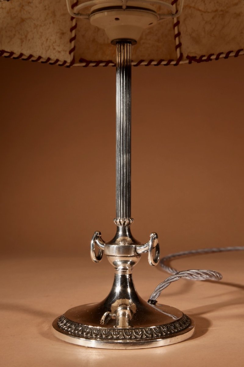 Art Deco Polished White Metal And Parchment Leather Table Lamp Circa 1920-40.-photo-4