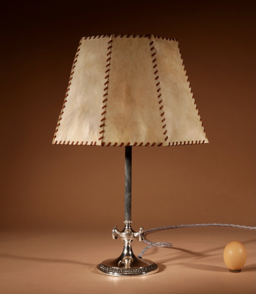 Art Deco Polished White Metal And Parchment Leather Table Lamp Circa 1920-40.-photo-1