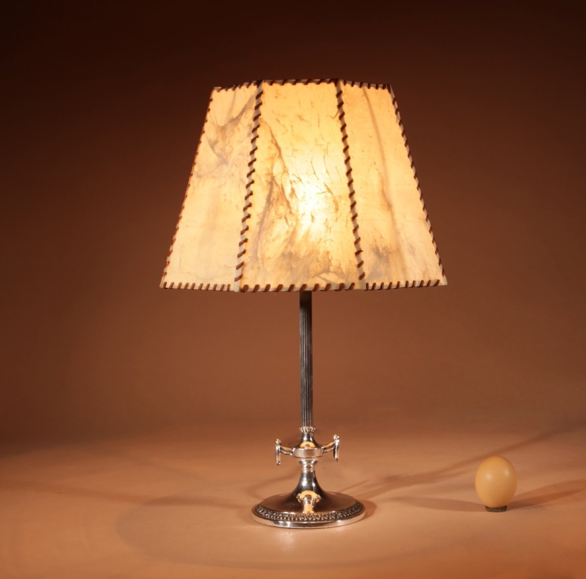 Art Deco Polished White Metal And Parchment Leather Table Lamp Circa 1920-40.