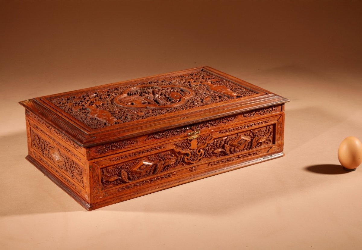   Chinese Canton Large Very Fine Carved Wooden Box Circa 1900-photo-2