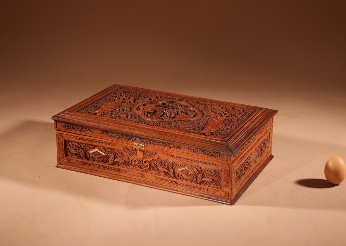   Chinese Canton Large Very Fine Carved Wooden Box Circa 1900-photo-3