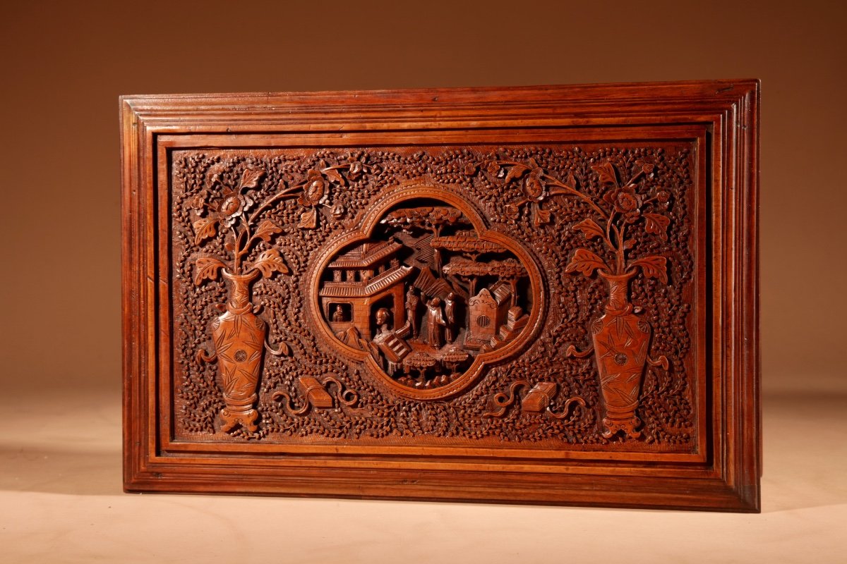   Chinese Canton Large Very Fine Carved Wooden Box Circa 1900-photo-1