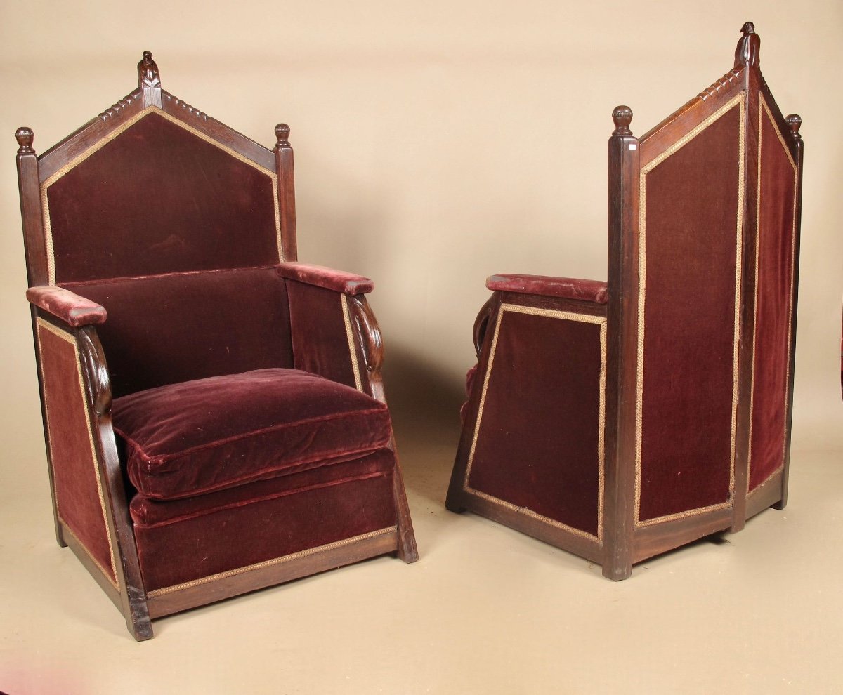  Exceptional Dutch Amsterdam School Pair Of Jati Wood Throne Arm Chairs Signed Jacques Van Den -photo-4