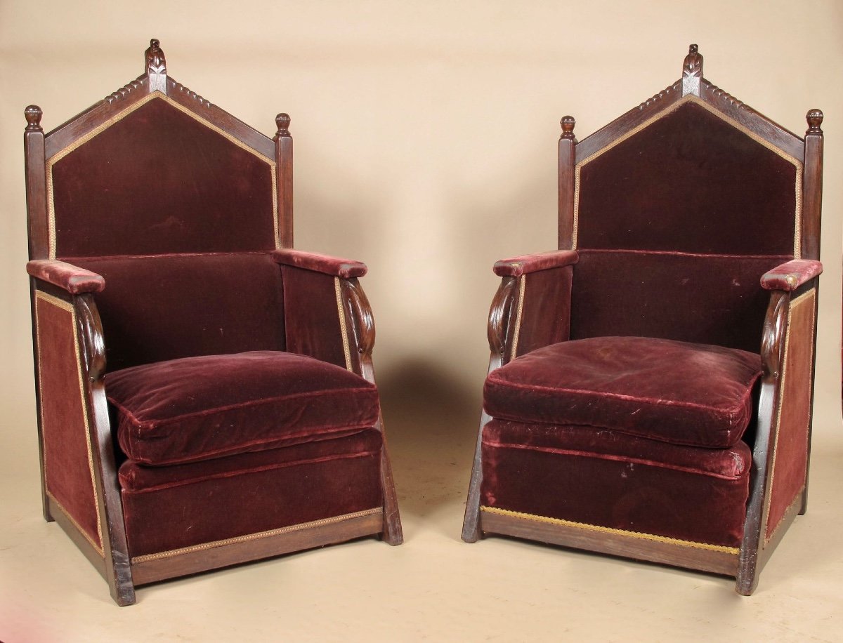  Exceptional Dutch Amsterdam School Pair Of Jati Wood Throne Arm Chairs Signed Jacques Van Den 