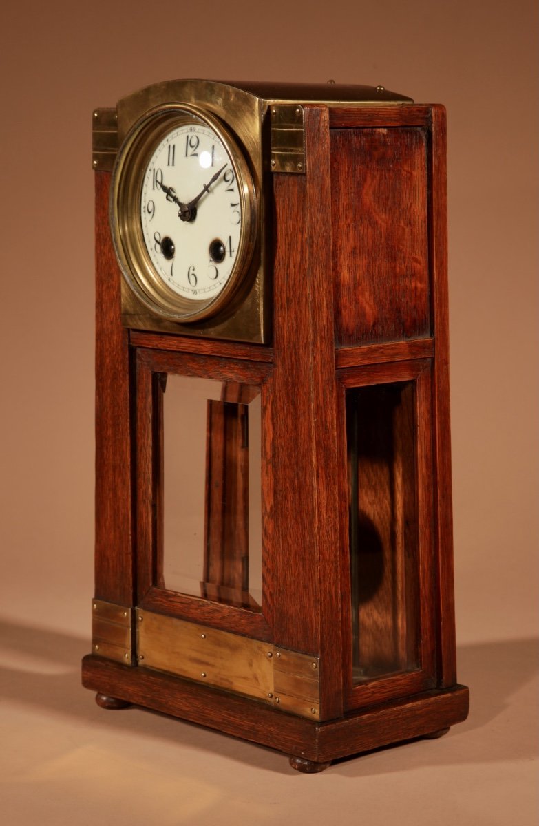 Gustav Serrurier-bovy (1858-1910) A Rare Oak And Brass Clock Garniture, Circa 1900-10.-photo-1