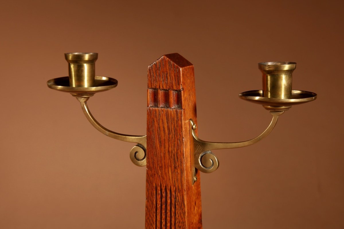 Gustav Serrurier-bovy (1858-1910) A Rare Oak And Brass Clock Garniture, Circa 1900-10.-photo-6