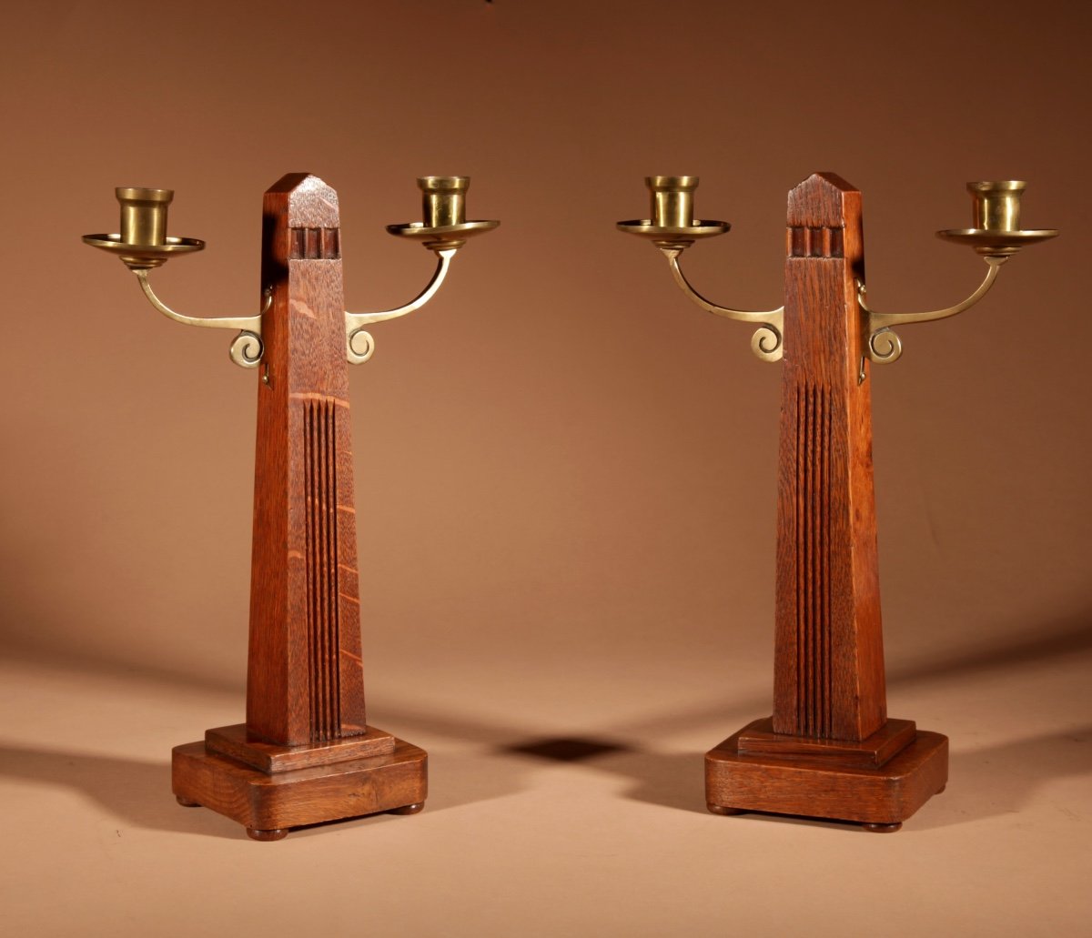 Gustav Serrurier-bovy (1858-1910) A Rare Oak And Brass Clock Garniture, Circa 1900-10.-photo-8