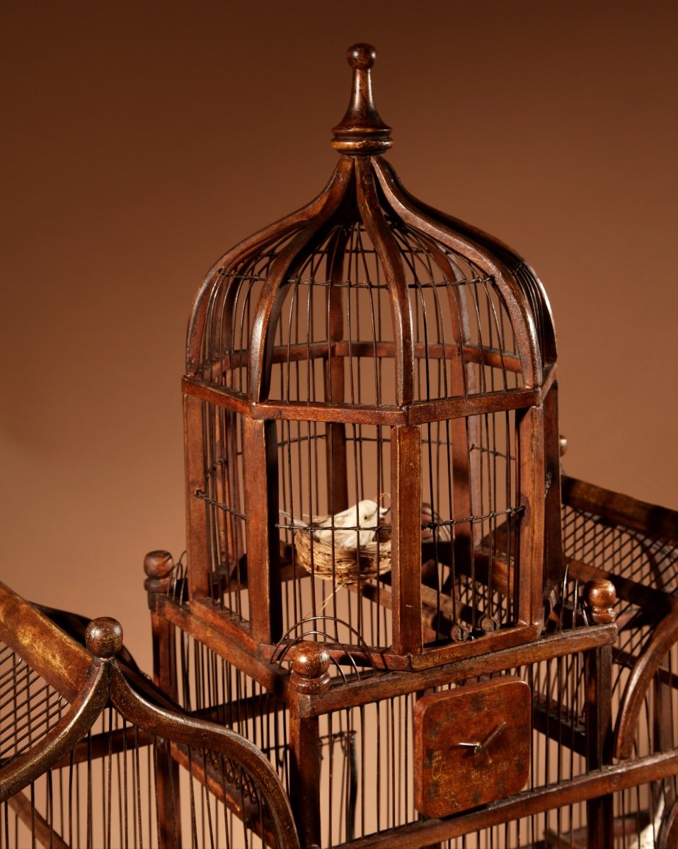 Folk Art Unusual Wood And Iron Bird Cage In The Shape Of A Church/ Country House. -photo-2