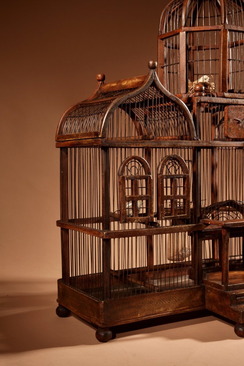 Folk Art Unusual Wood And Iron Bird Cage In The Shape Of A Church/ Country House. -photo-3