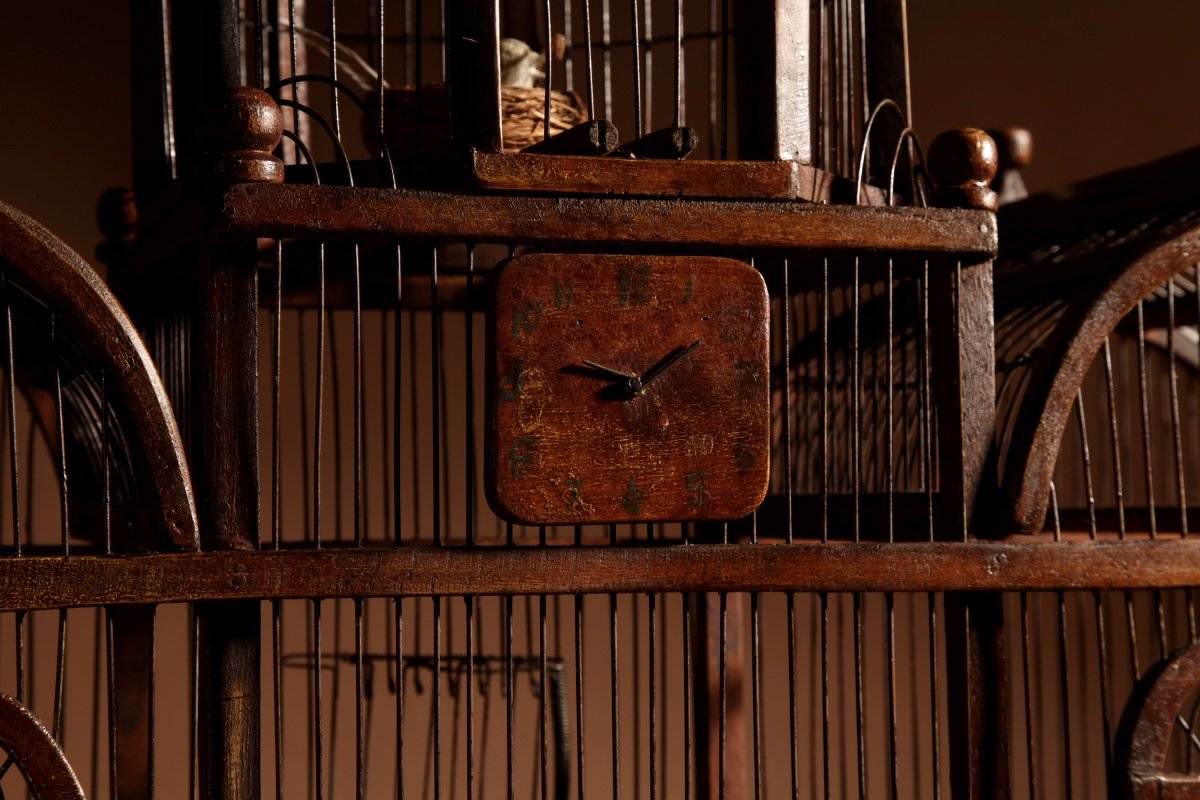 Art Populaire Insolite Cage à Oiseaux En Bois Et Fer En Forme d'église/maison De Campagne.-photo-4