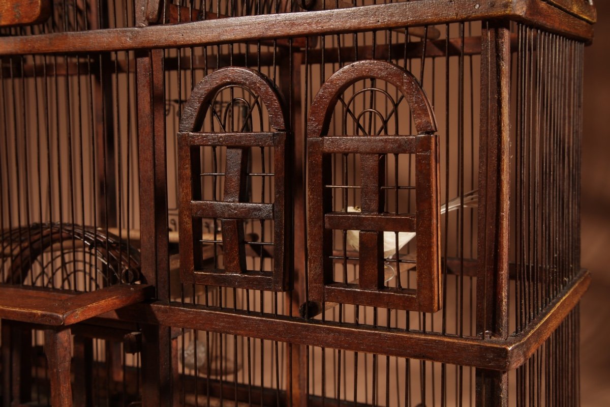 Folk Art Unusual Wood And Iron Bird Cage In The Shape Of A Church/ Country House. -photo-4