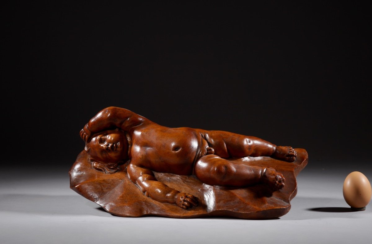 Très Intéressant Enfant Endormi En Bois Fruitier Sculpté Attribué à Laurent Delvaux Gand 1696- 