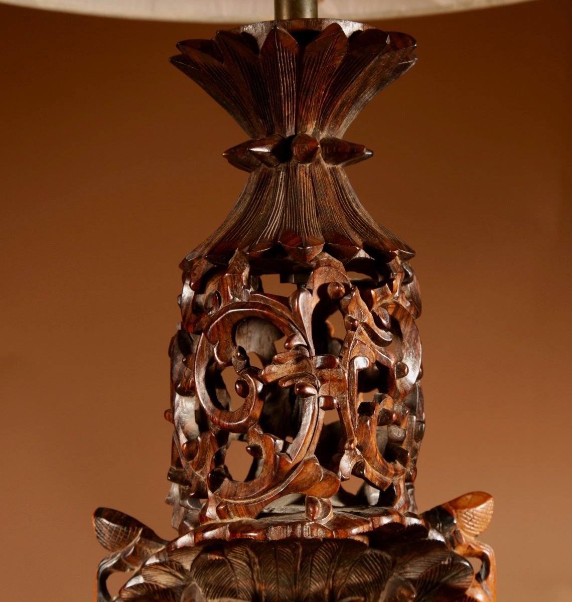 Indonesian Possibly Bali Original Fine Carved Hardwood Table Lamp.-photo-4