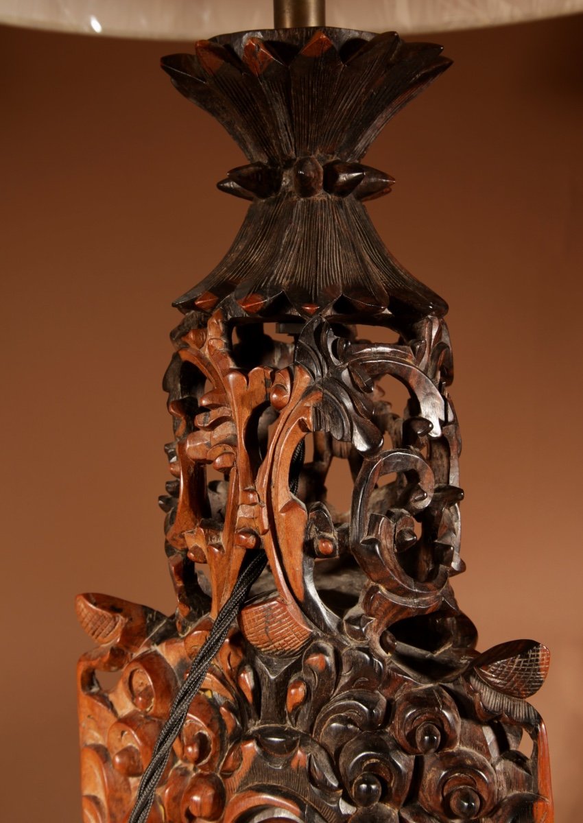 Indonesian Possibly Bali Original Fine Carved Hardwood Table Lamp.-photo-2