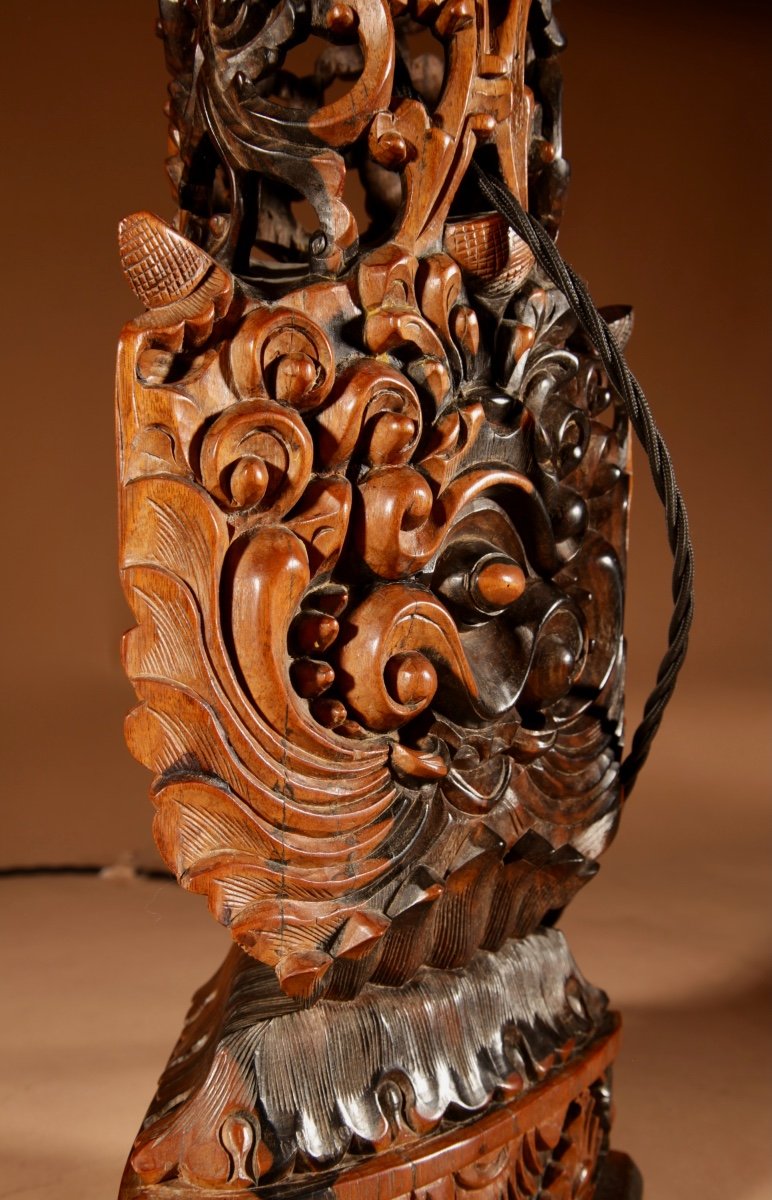 Indonesian Possibly Bali Original Fine Carved Hardwood Table Lamp.-photo-3