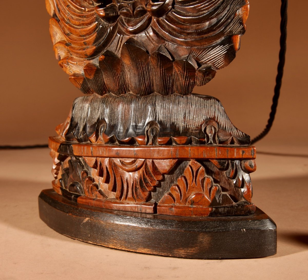 Indonesian Possibly Bali Original Fine Carved Hardwood Table Lamp.-photo-4