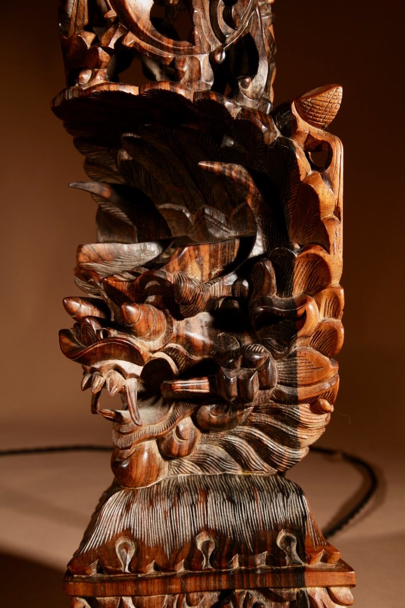 Indonesian Possibly Bali Original Fine Carved Hardwood Table Lamp.-photo-6