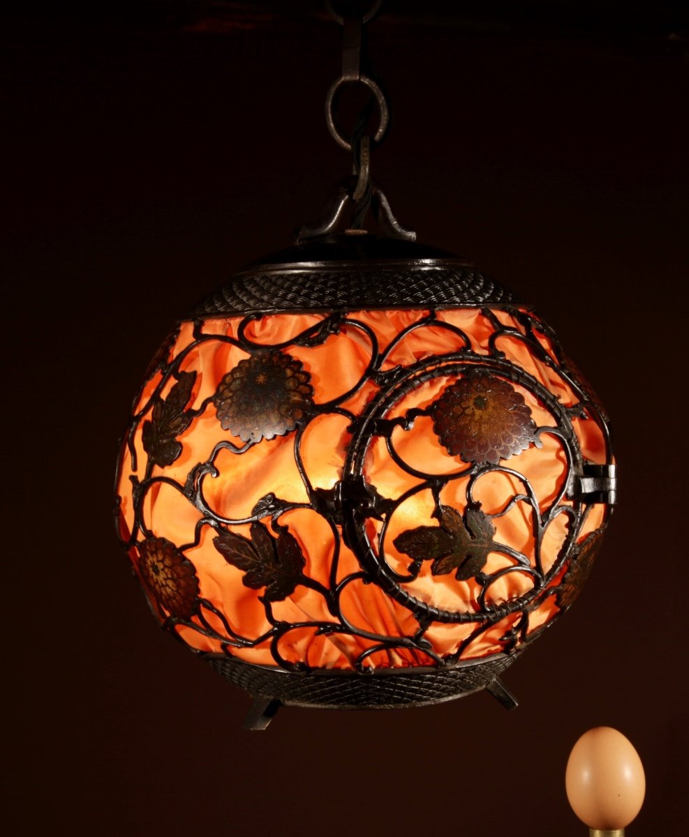 A Rare Large Original Champlev Patinated Japanese/chinese Table Lamp/hanging Lantern-photo-2