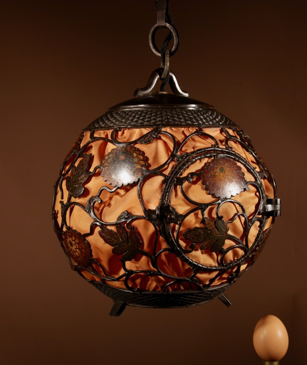 A Rare Large Original Champlev Patinated Japanese/chinese Table Lamp/hanging Lantern-photo-3