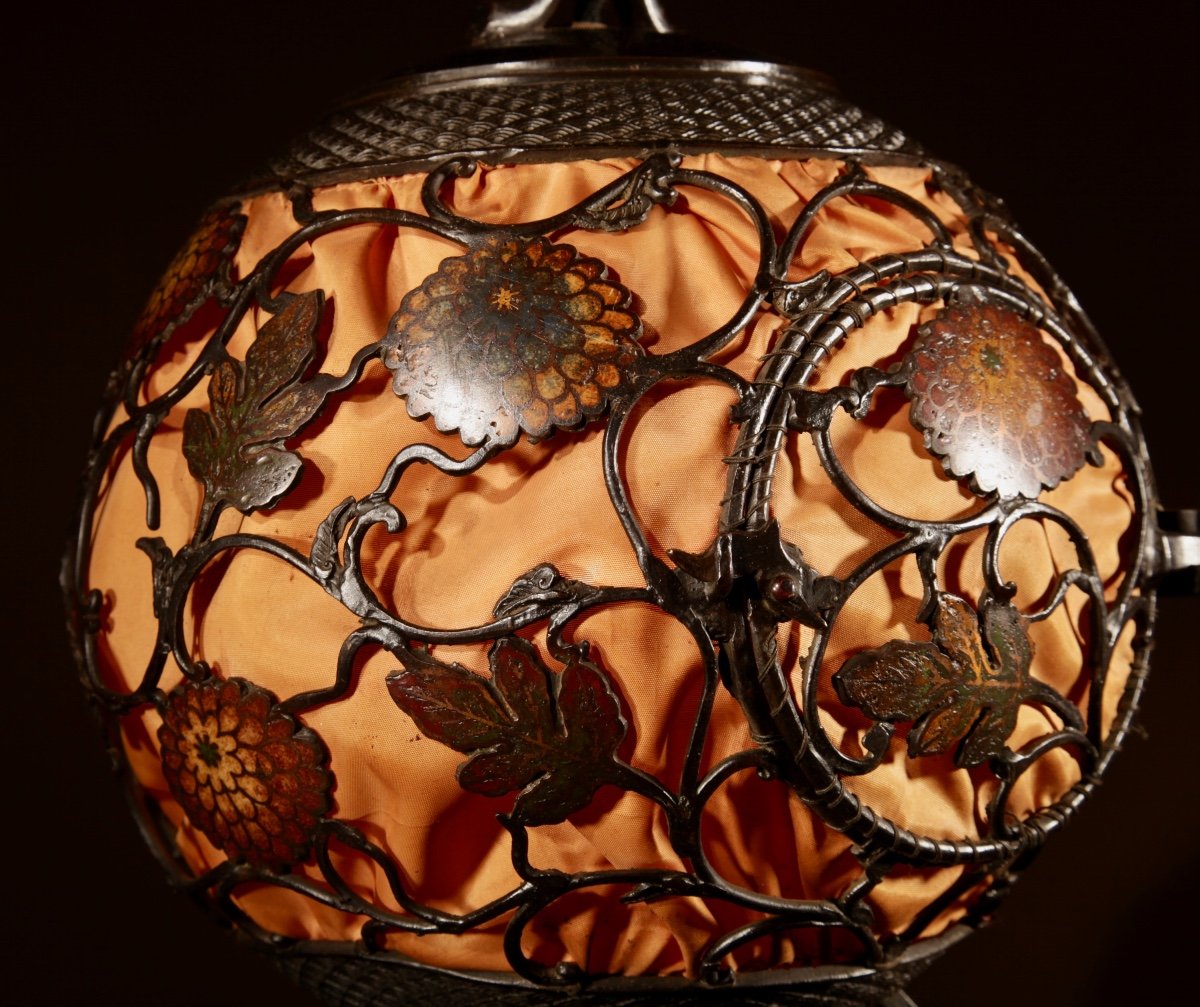 A Rare Large Original Champlev Patinated Japanese/chinese Table Lamp/hanging Lantern-photo-4