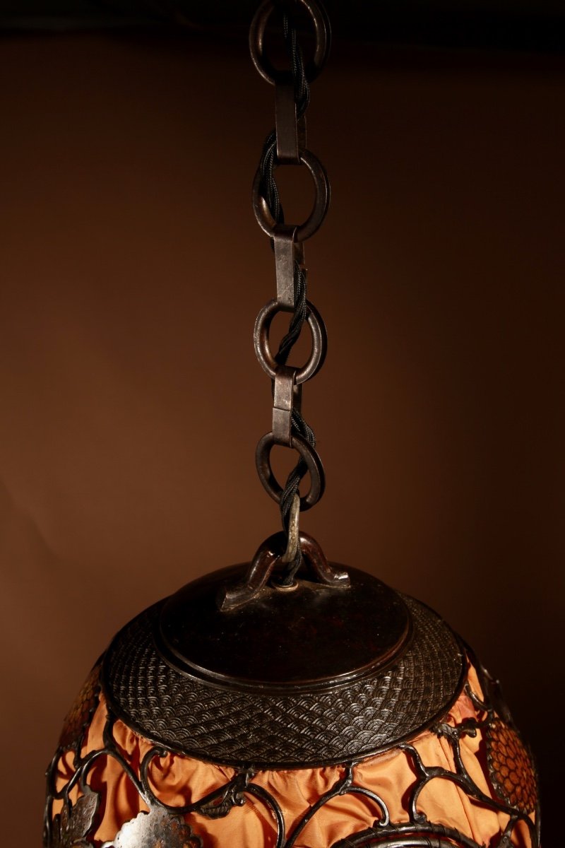 A Rare Large Original Champlev Patinated Japanese/chinese Table Lamp/hanging Lantern-photo-1