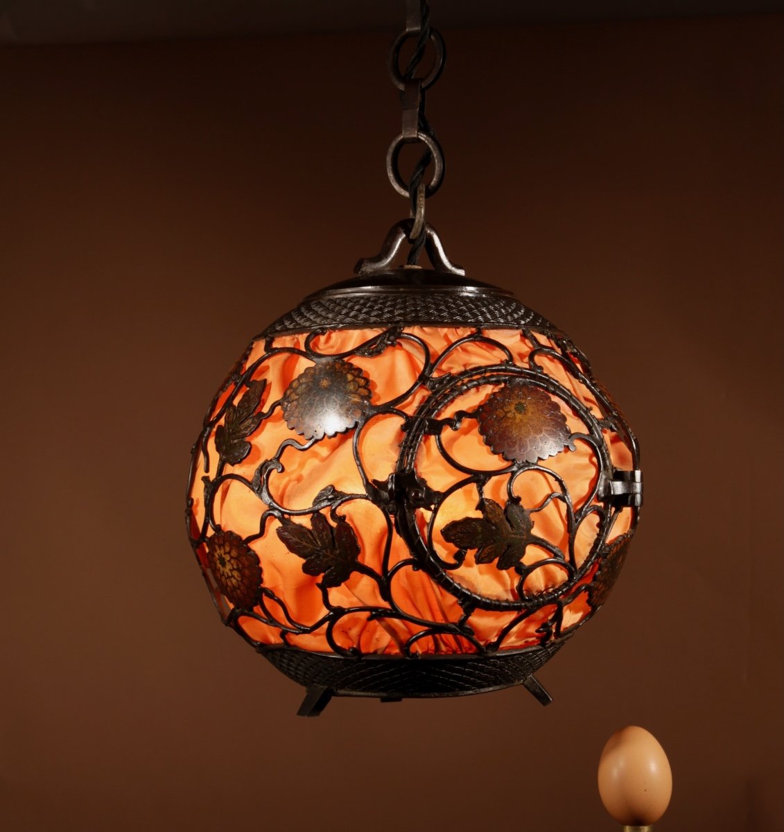 A Rare Large Original Champlev Patinated Japanese/chinese Table Lamp/hanging Lantern