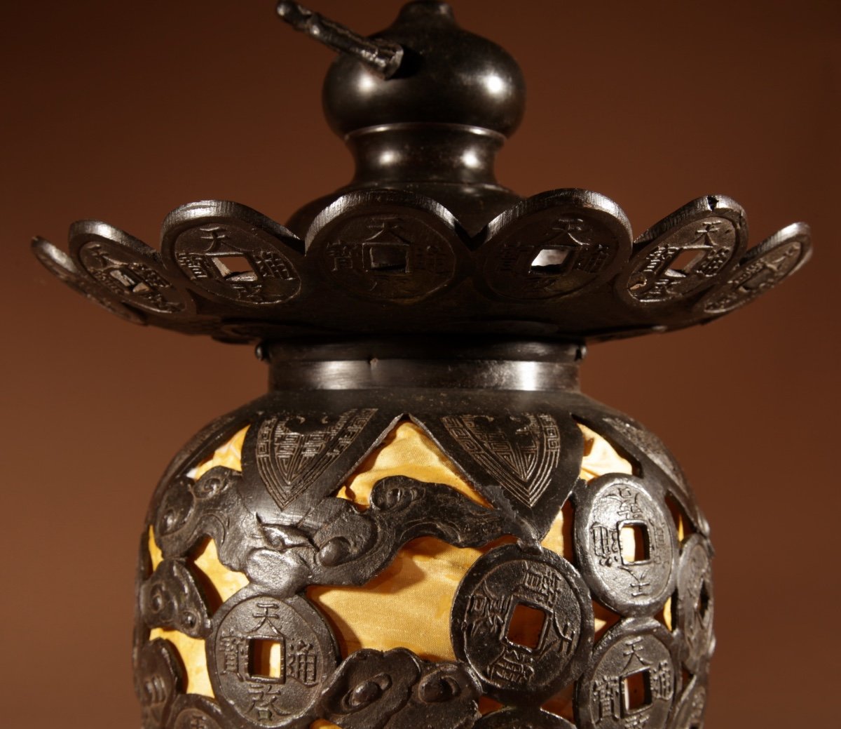 Unusual Large Japanese Bronze Table/lantern Hanging Lamp, Circa 1900-20.-photo-1