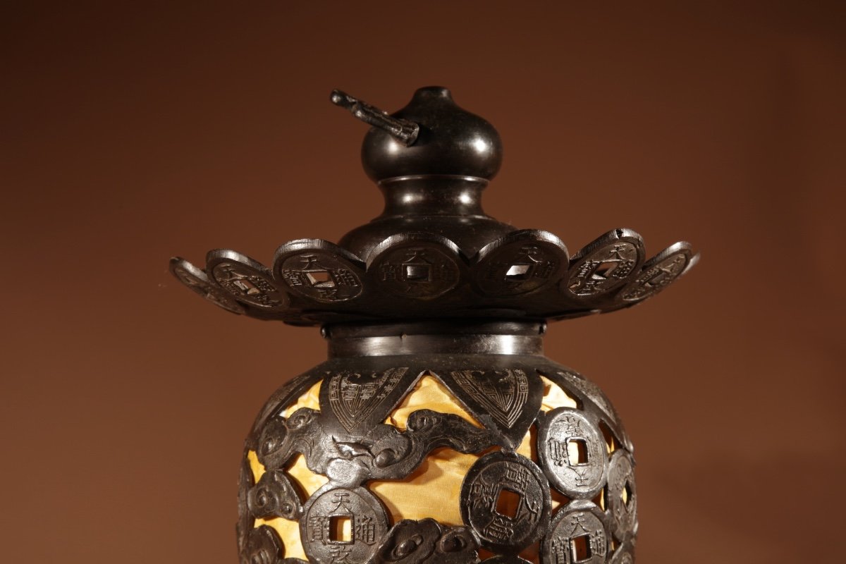 Unusual Large Japanese Bronze Table/lantern Hanging Lamp, Circa 1900-20.-photo-2