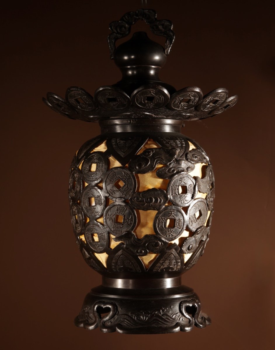 Unusual Large Japanese Bronze Table/lantern Hanging Lamp, Circa 1900-20.-photo-4