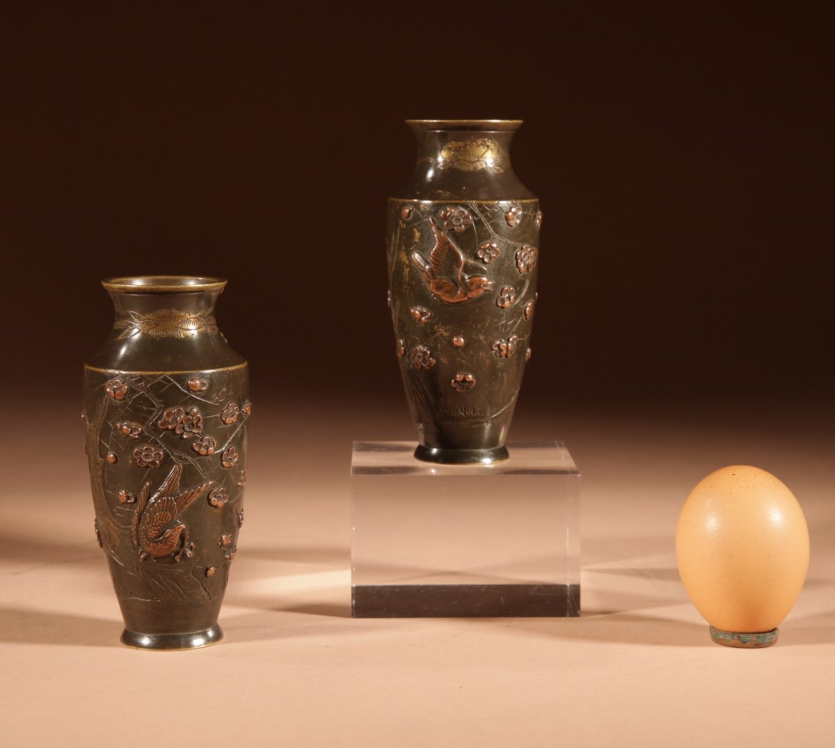 A Pair Of Small Japanese Bronze And Copper Vases Meiji Period 1868-1912