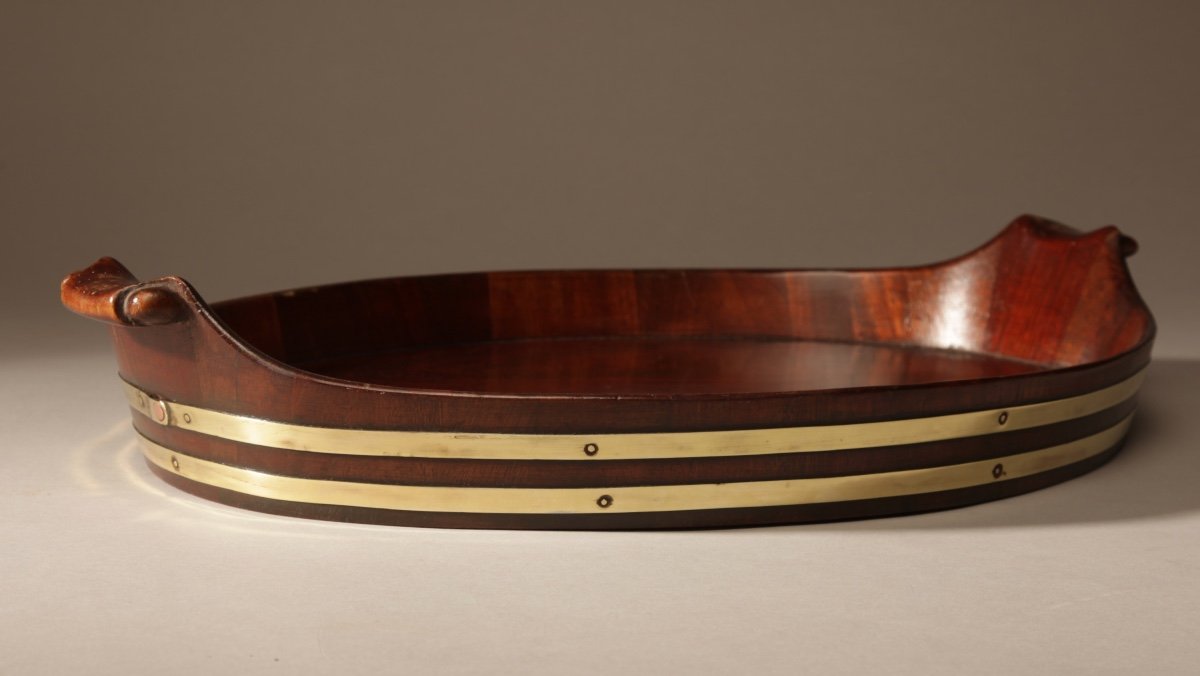 A Very Decorative And Useful Original Oval Mahogany And Brass Coopered Tray-photo-4