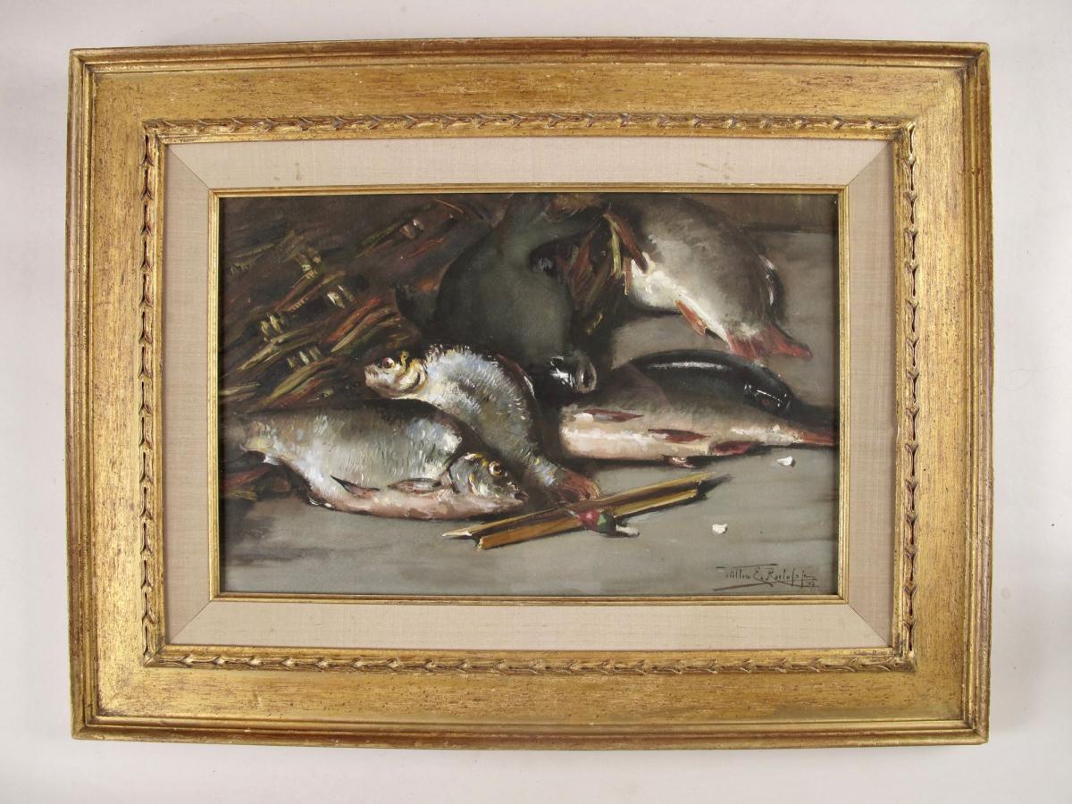 A Very Interesting And Rare Crayon Of An Angler’s Catch Of Coarse Fish And A Float. Signed And 