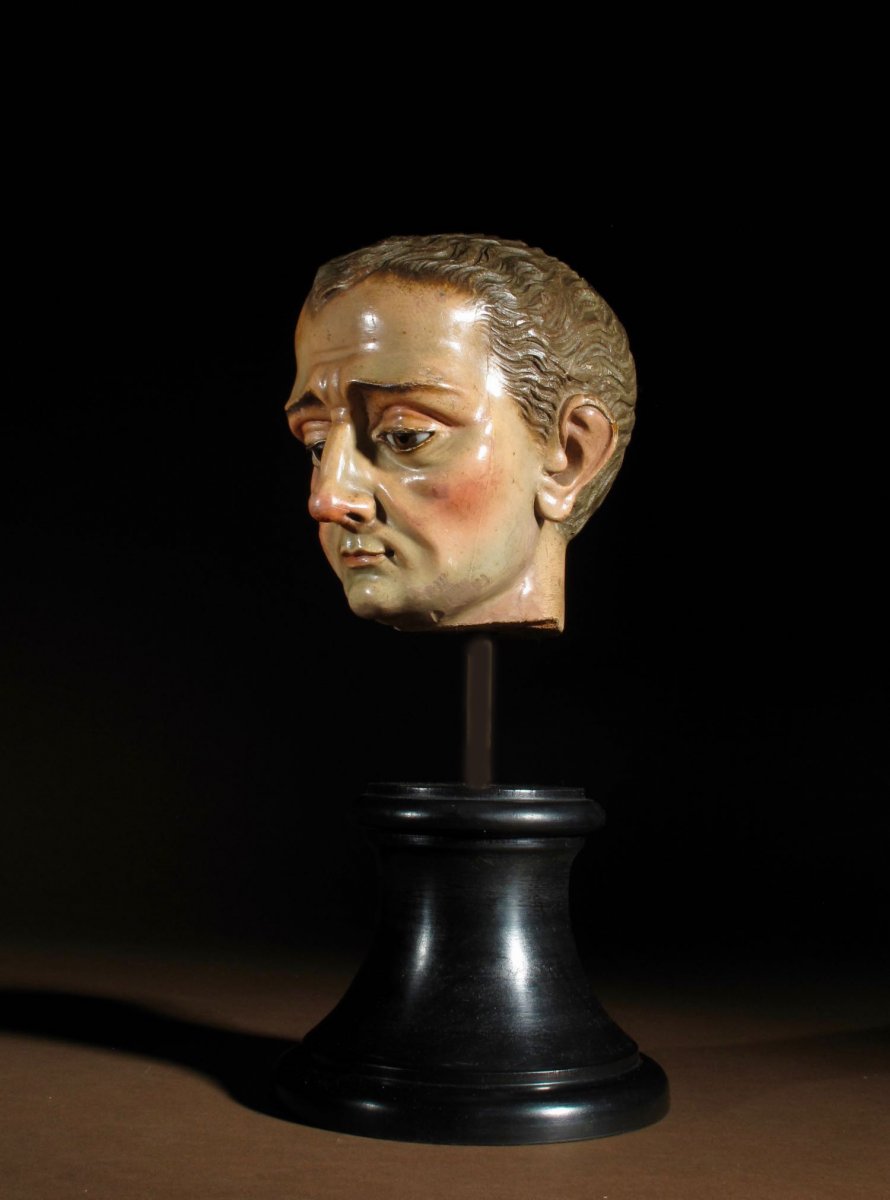 A Magnificent Spanish Polychrome Wooden Character Head Of A Saint.  17 / 18th. Century-photo-4