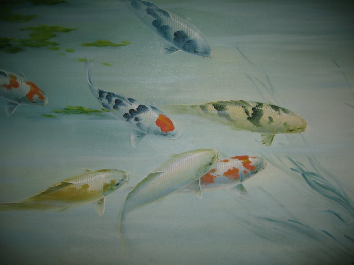 Oriental Koi Fish Carp Oil Painting Signed Canvas On Board-photo-2