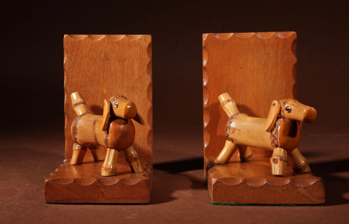 An Unusual Amusing Pair Of Art Deco Bamboo Dogs Bookends, Circa 1920-40-photo-2