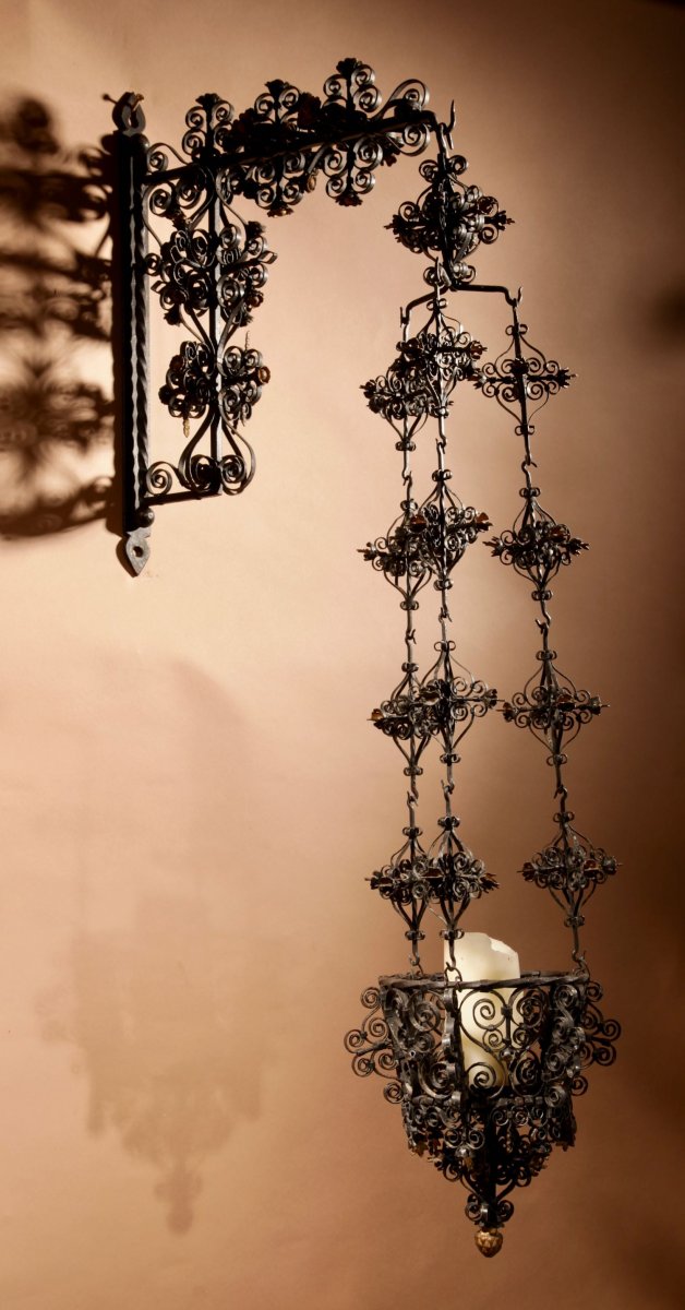 A Tyrolean Wrought Iron Very Decorative Candle Holder/ Hanging Flower Basket.-photo-4