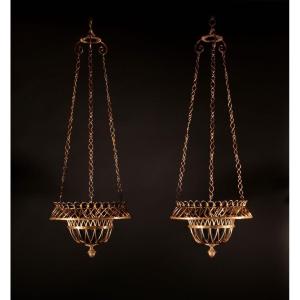 Signed Marius-ernest Sabino, Rare Pair Of Early Sabino Gilded Bronze Woven Hanging Lamps/jardin